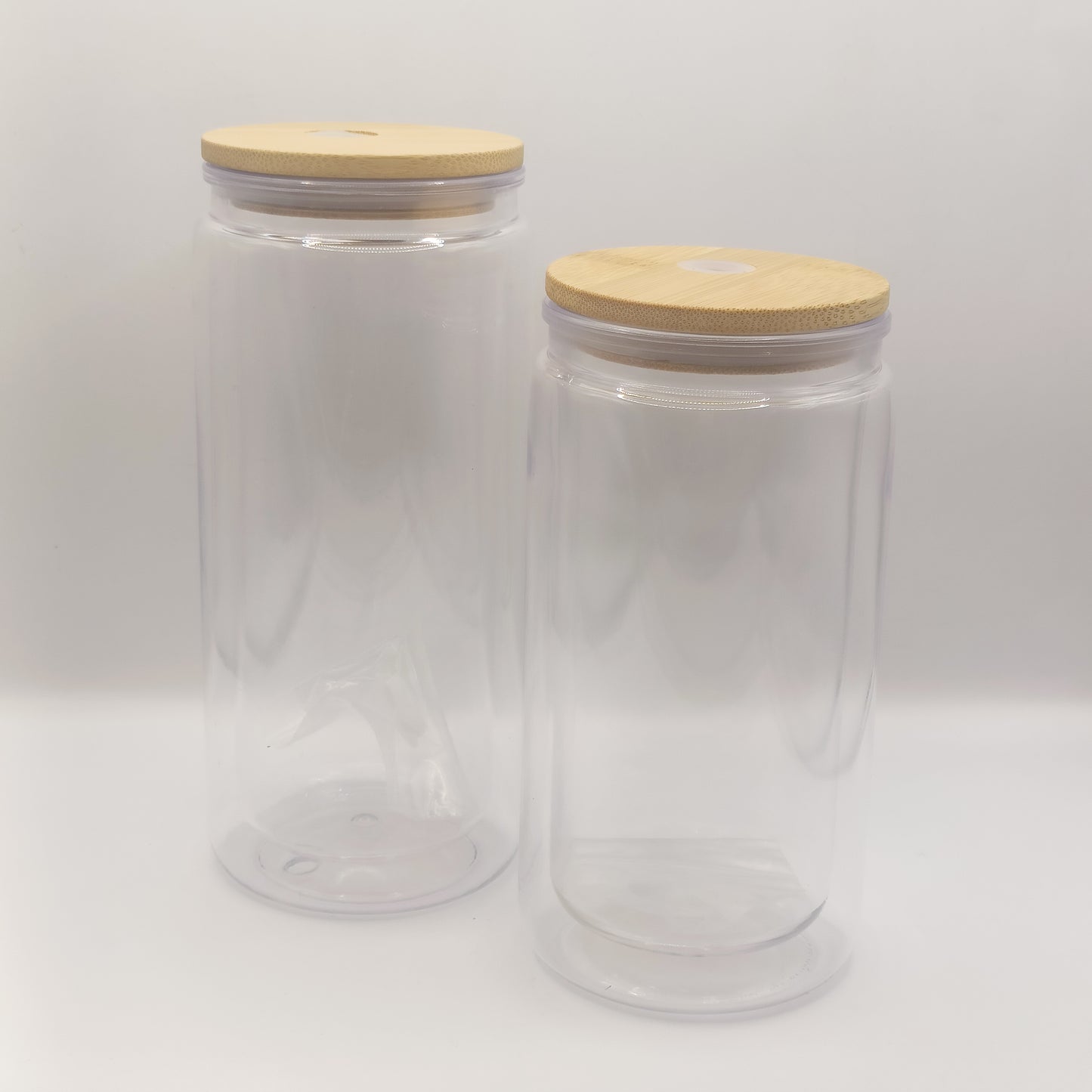 Vaso tipo lata para Snow Globe 16oz y 20 oz acrílico tapa de bambú