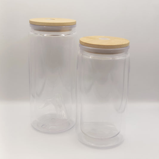 Vaso tipo lata para Snow Globe 16oz y 20 oz acrílico tapa de bambú
